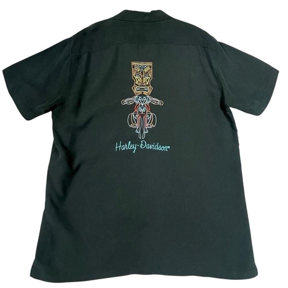 Harley-Davidson Mens Embroidered Tiki Aloha Button Up Moto Stylish Cool Shirt  L